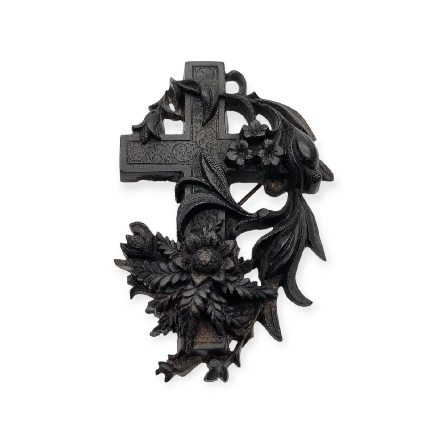 Victorian vulcanite mourning brooch, cross with ivy and flowers, England, circa 1880-1900