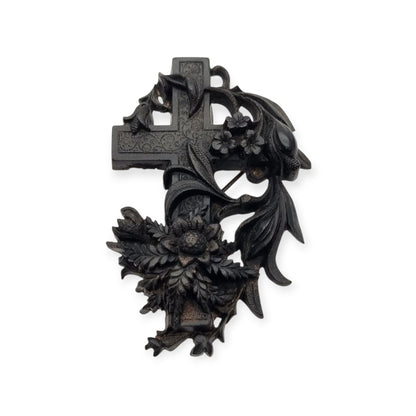 Victorian vulcanite mourning brooch, cross with ivy and flowers, England, circa 1880-1900