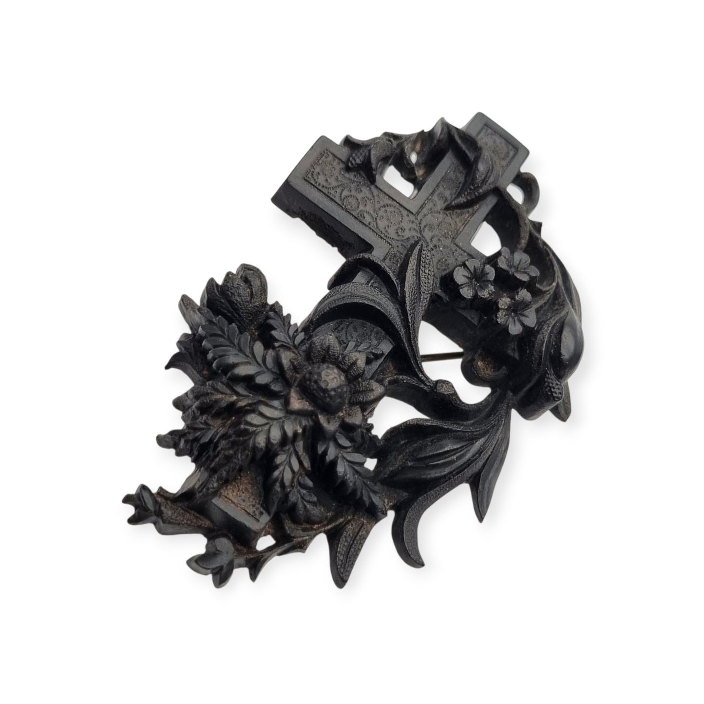 Victorian vulcanite mourning brooch, cross with ivy and flowers, England, circa 1880-1900