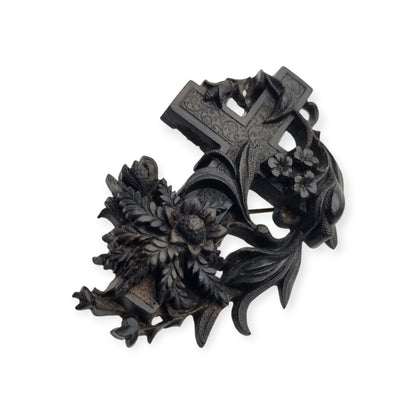 Victorian vulcanite mourning brooch, cross with ivy and flowers, England, circa 1880-1900