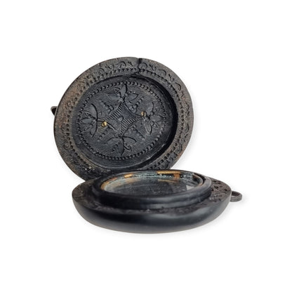 Antique Victorian vulcanite floral locket, circa 1880-1900, mourning jewelry