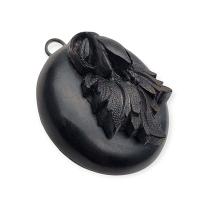 Antique Victorian vulcanite floral locket, circa 1880-1900, mourning jewelry