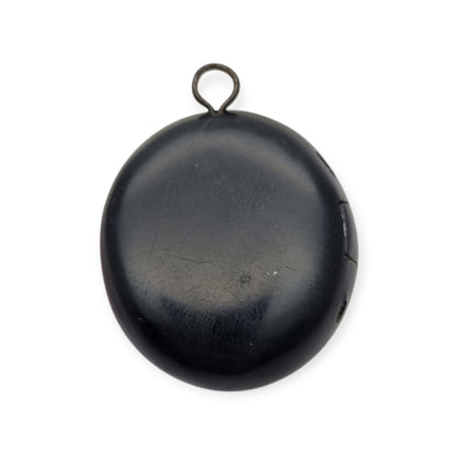 Antique Victorian vulcanite floral locket, circa 1880-1900, mourning jewelry