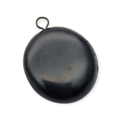 Antique Victorian vulcanite floral locket, circa 1880-1900, mourning jewelry