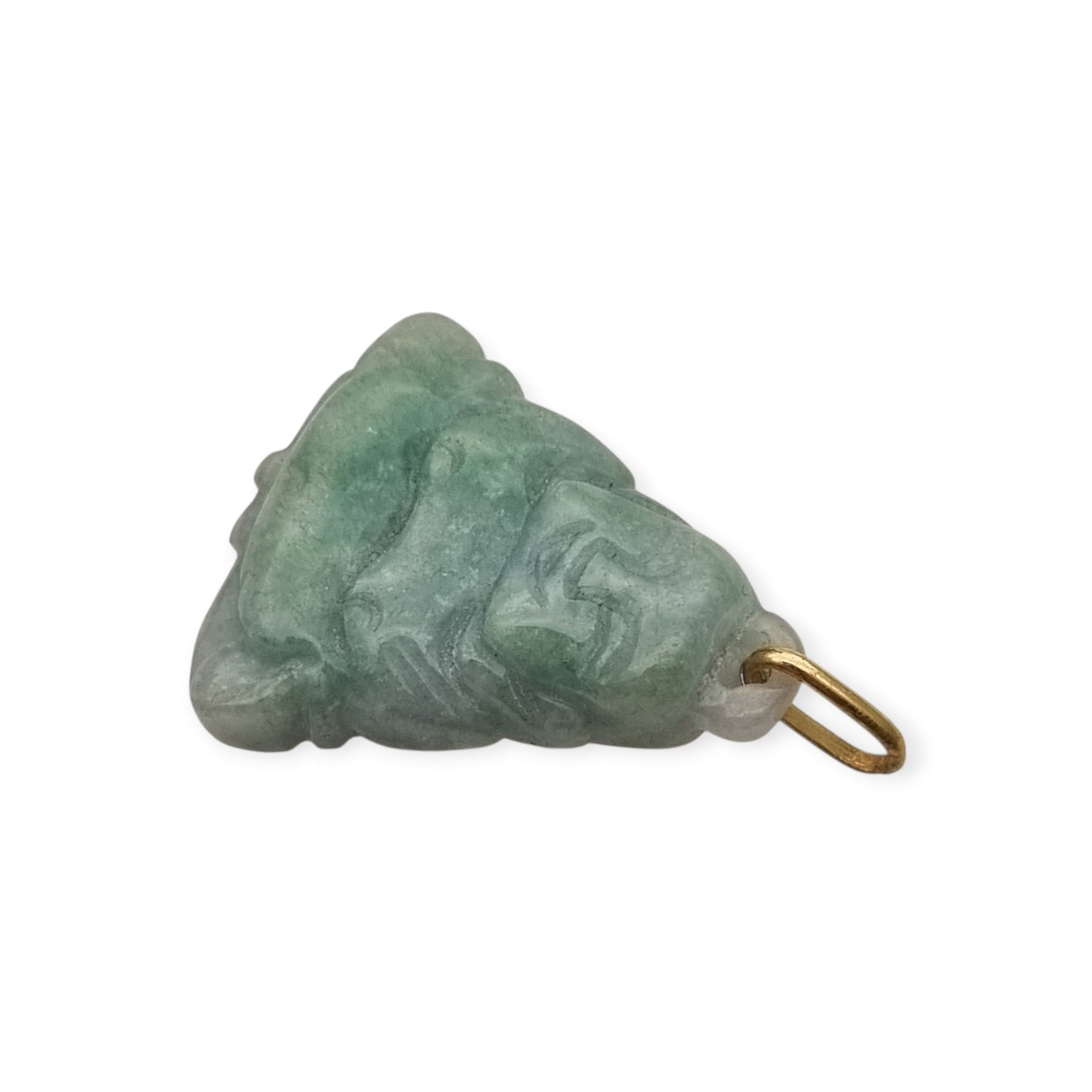 Colgante Buda circa 1970 en jade verde, amuleto de figura tallada con anilla en tono dorado