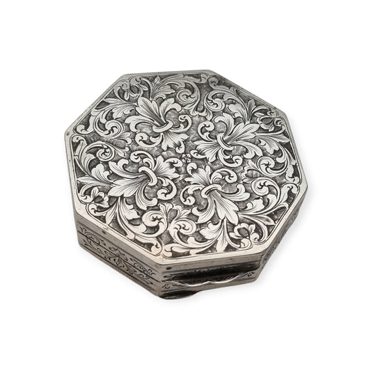 800 Silver Hexagonal Floral Box in Baroque Revival Style, Italy circa 1930