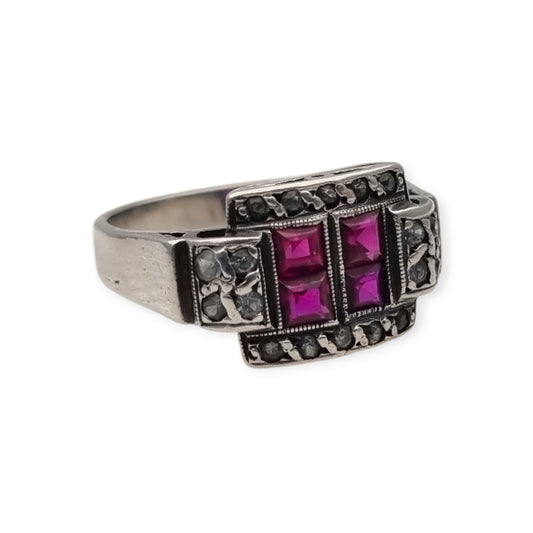 French Art Deco sterling silver ruby and white gemstone ring, circa 1930.