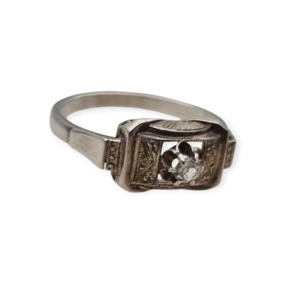 Anillo Art Déco de plata y pedrería transparente, Francia circa 1940-1950
