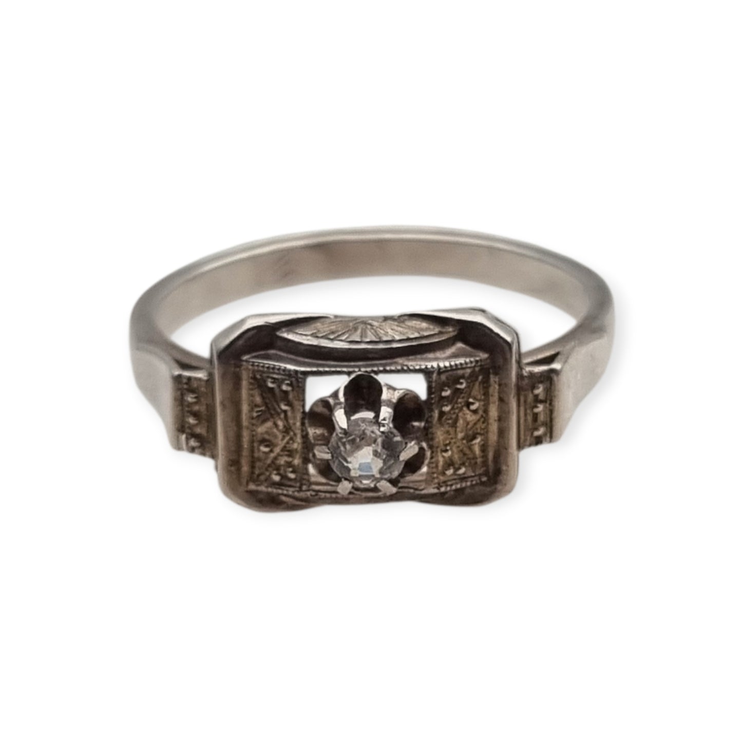 Anillo Art Déco de plata y pedrería transparente, Francia circa 1940-1950