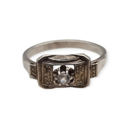 Anillo Art Déco de plata y pedrería transparente, Francia circa 1940-1950