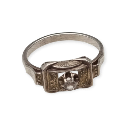 Anillo Art Déco de plata y pedrería transparente, Francia circa 1940-1950
