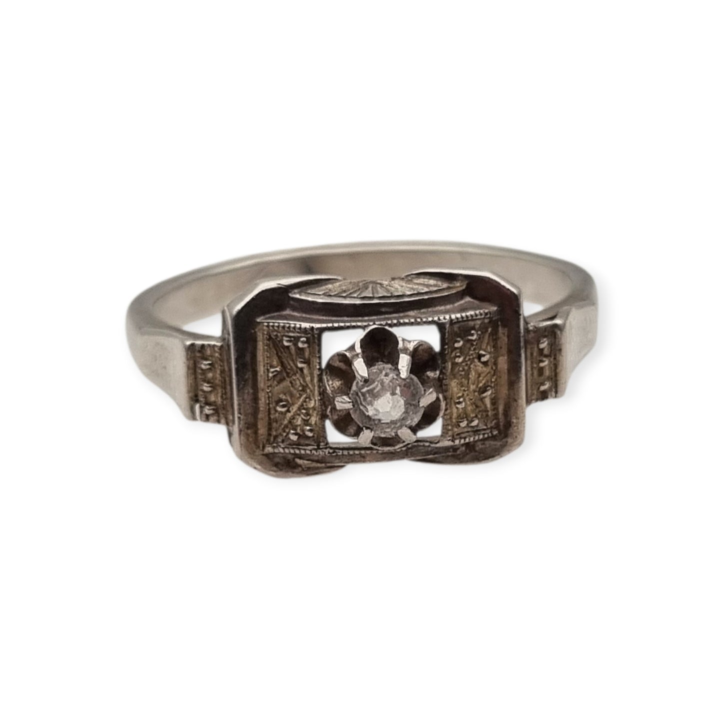 Anillo Art Déco de plata y pedrería transparente, Francia circa 1940-1950