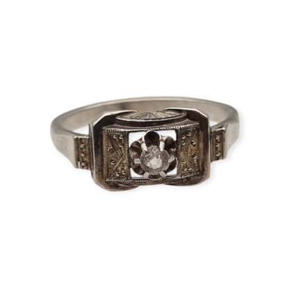 Anillo Art Déco de plata y pedrería transparente, Francia circa 1940-1950