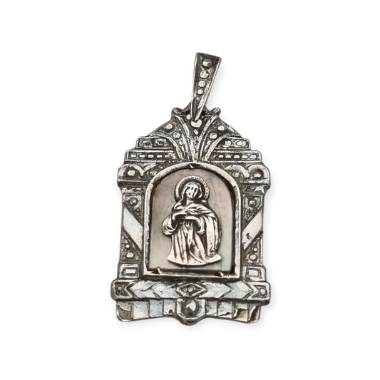 Medalla religiosa Art Déco de plata en relive y nácar circa 1940