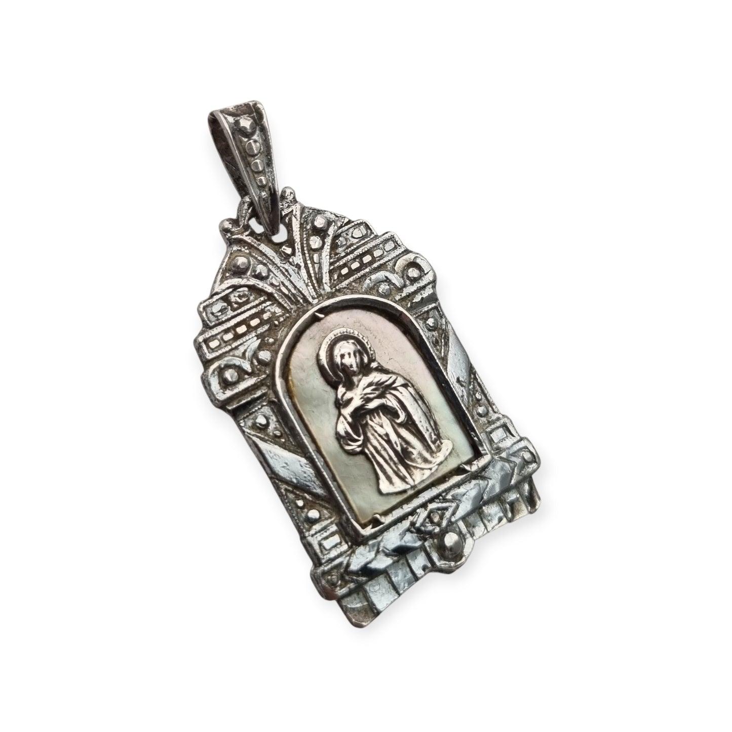 Art Deco religious medal in silver relief and mother-of-pearl circa 1940