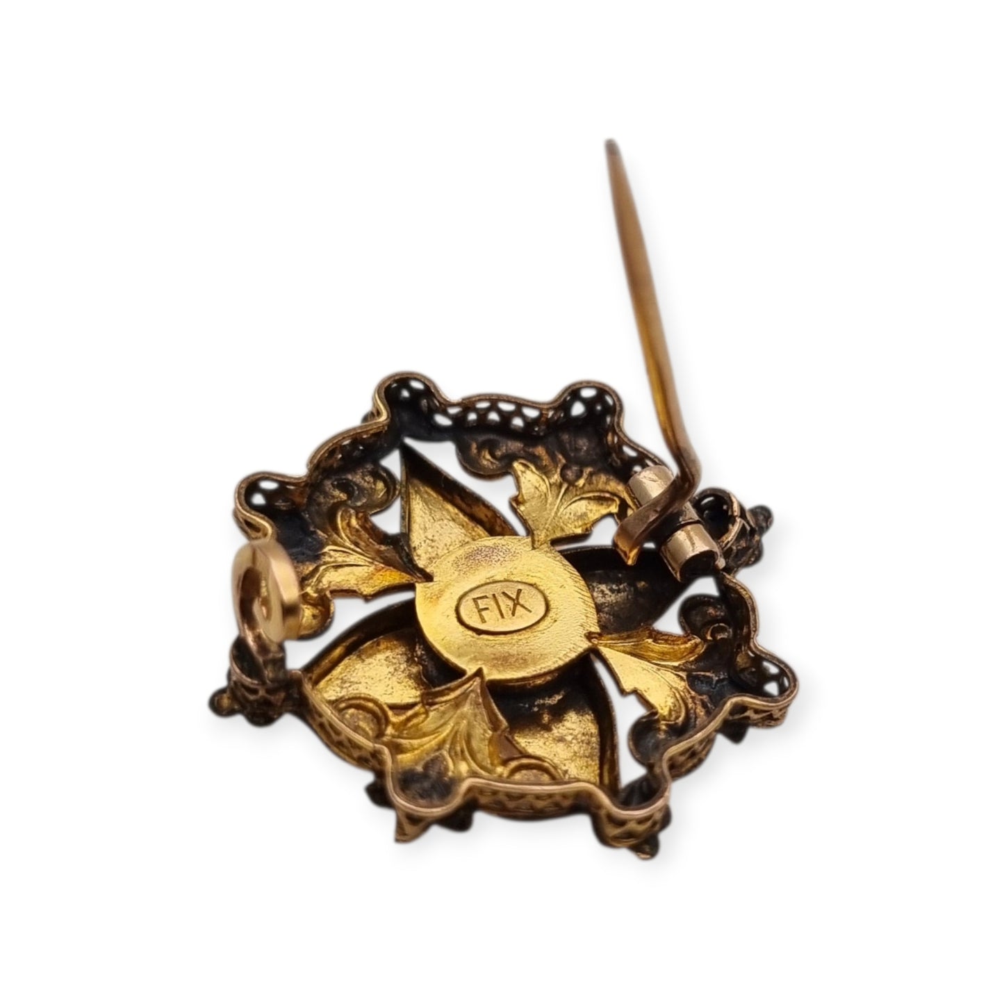 Broche de cuello victoriano FIX en oro laminado y perla central, Francia circa 1900