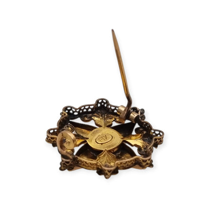 Broche de cuello victoriano FIX en oro laminado y perla central, Francia circa 1900
