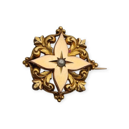 Broche de cuello victoriano FIX en oro laminado y perla central, Francia circa 1900