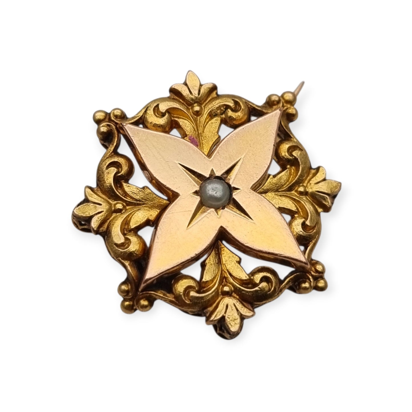 Broche de cuello victoriano FIX en oro laminado y perla central, Francia circa 1900