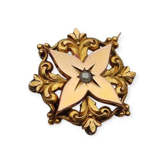 Victorian FIX collar pin in rolled gold with central pearl, France circa 1900