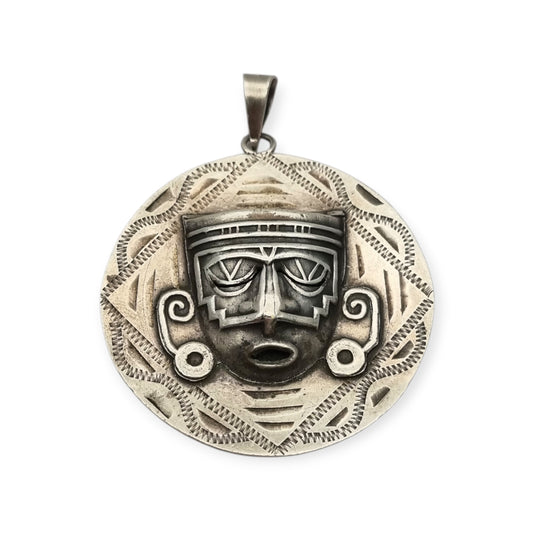 Colgante reversible de plata 925 con calendario azteca y máscara, México, años 60-70
