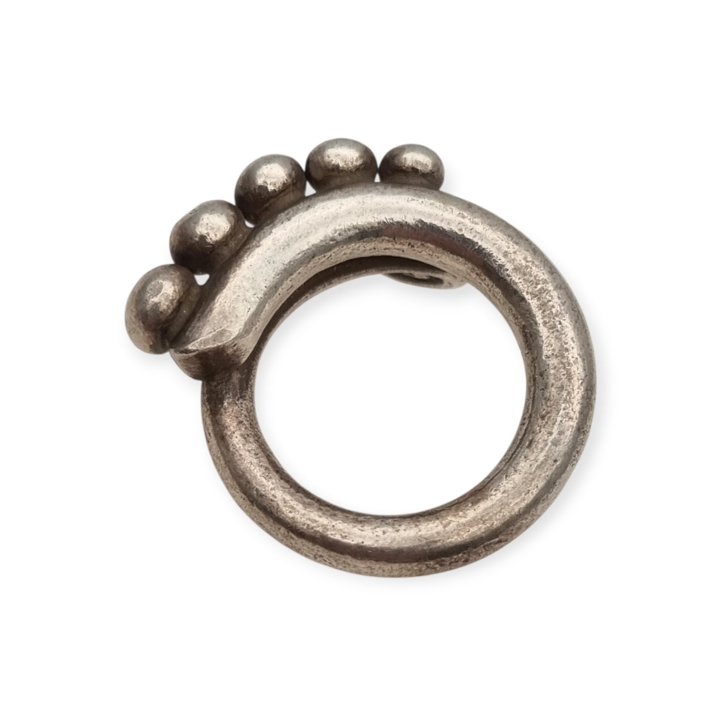 Handmade African ethnic silver ring, spiral design with spheres, 60s-70s