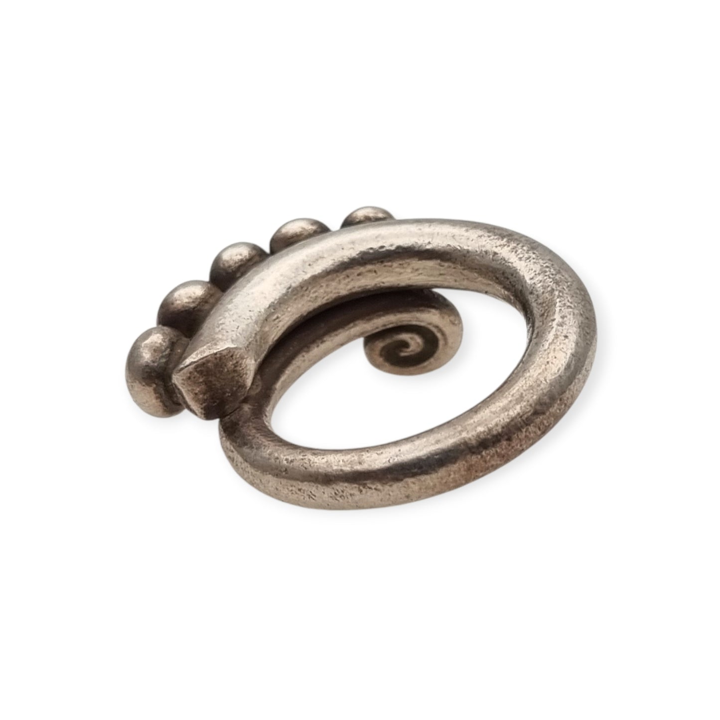 Handmade African ethnic silver ring, spiral design with spheres, 60s-70s
