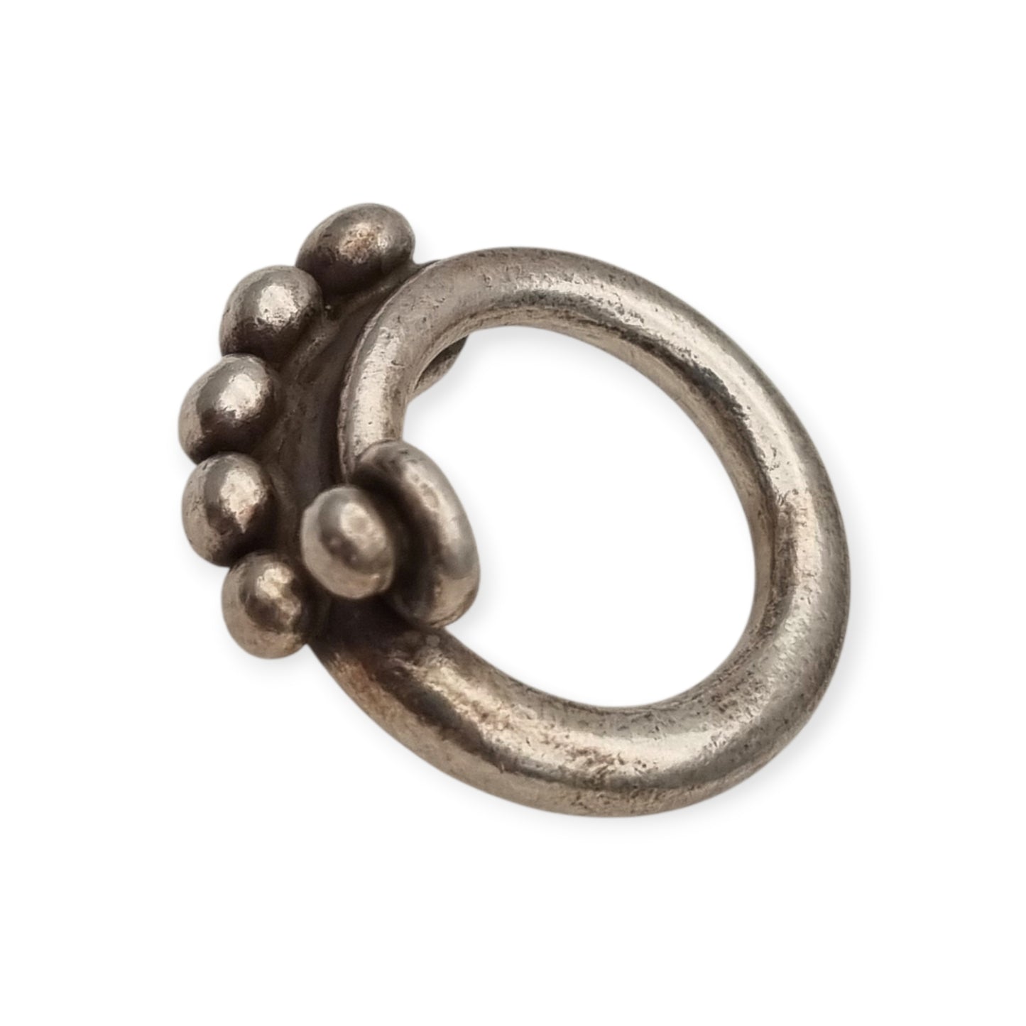Handmade African ethnic silver ring, spiral design with spheres, 60s-70s