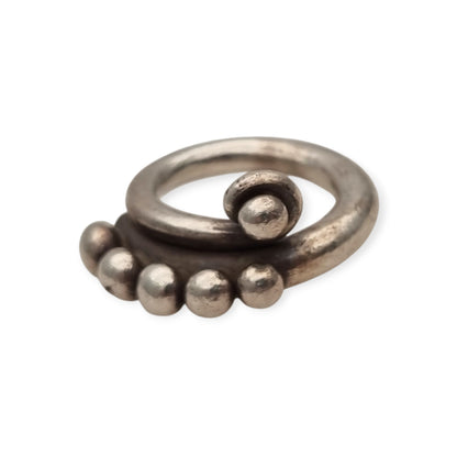 Handmade African ethnic silver ring, spiral design with spheres, 60s-70s