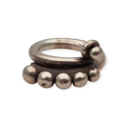 Handmade African ethnic silver ring, spiral design with spheres, 60s-70s