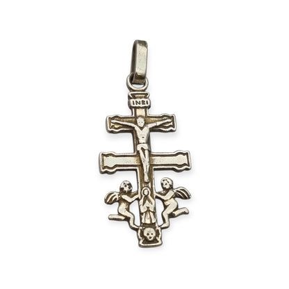Caravaca cross pendant in 925 silver with a crucified Christ and angels, Spain, 1980s-90s