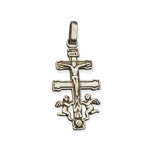 Colgante cruz de Caravaca en plata 925 con crucificado y ángeles, España, años 1980-90