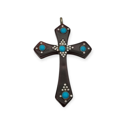 Galalith hanging cross with turquoise applications and metallic details, Spain circa 1930