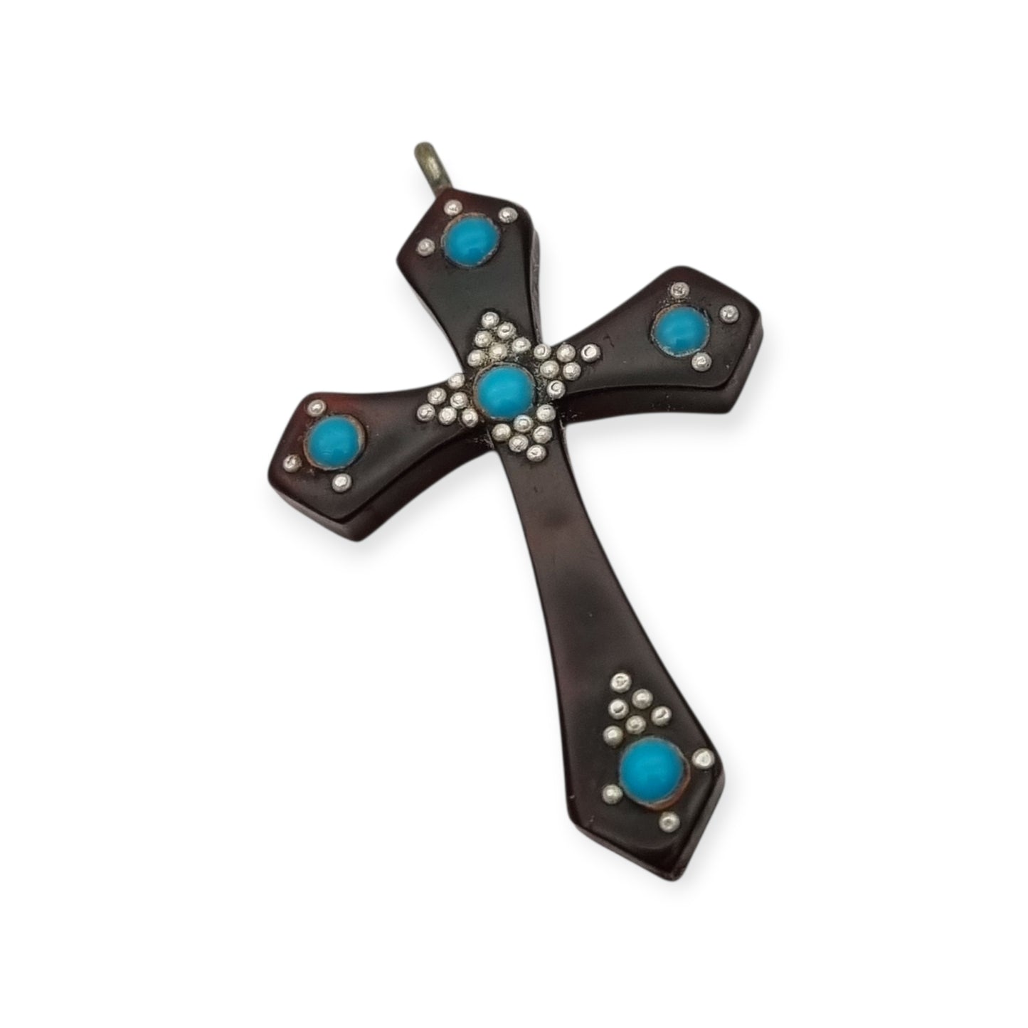 Galalith hanging cross with turquoise applications and metallic details, Spain circa 1930