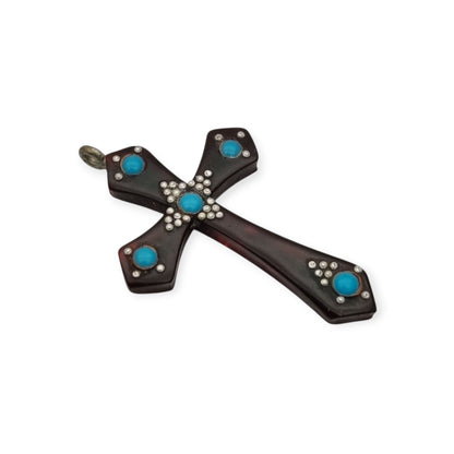 Galalith hanging cross with turquoise applications and metallic details, Spain circa 1930