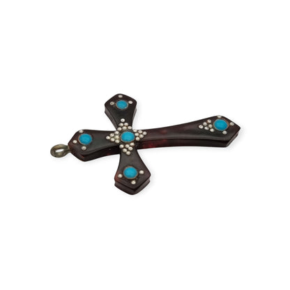 Galalith hanging cross with turquoise applications and metallic details, Spain circa 1930