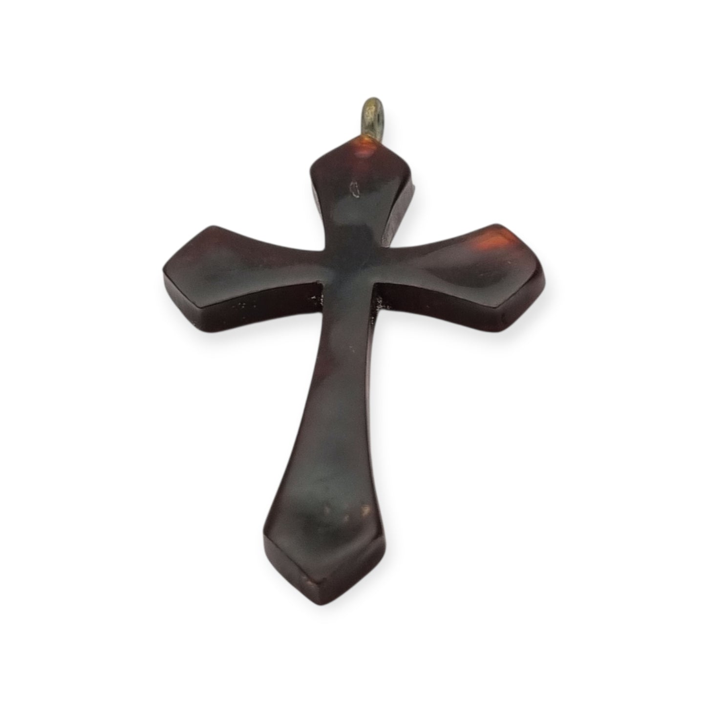 Galalith hanging cross with turquoise applications and metallic details, Spain circa 1930
