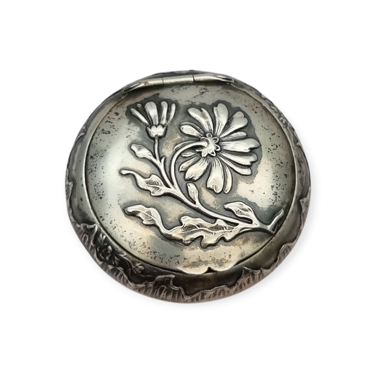 Antique silver box with floral relief and European vegetal decoration, 1930s-1940s