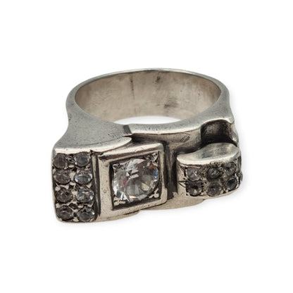 Art Deco silver and white gemstone ring, asymmetrical geometric design, France circa 1940