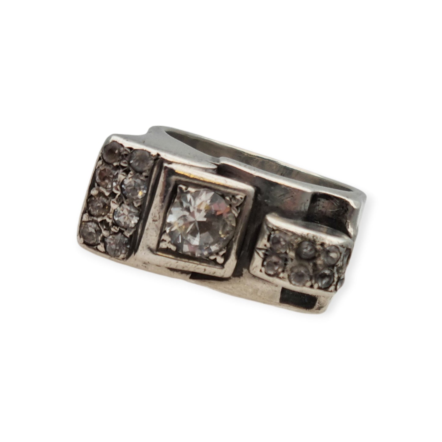 Art Deco silver and white gemstone ring, asymmetrical geometric design, France circa 1940