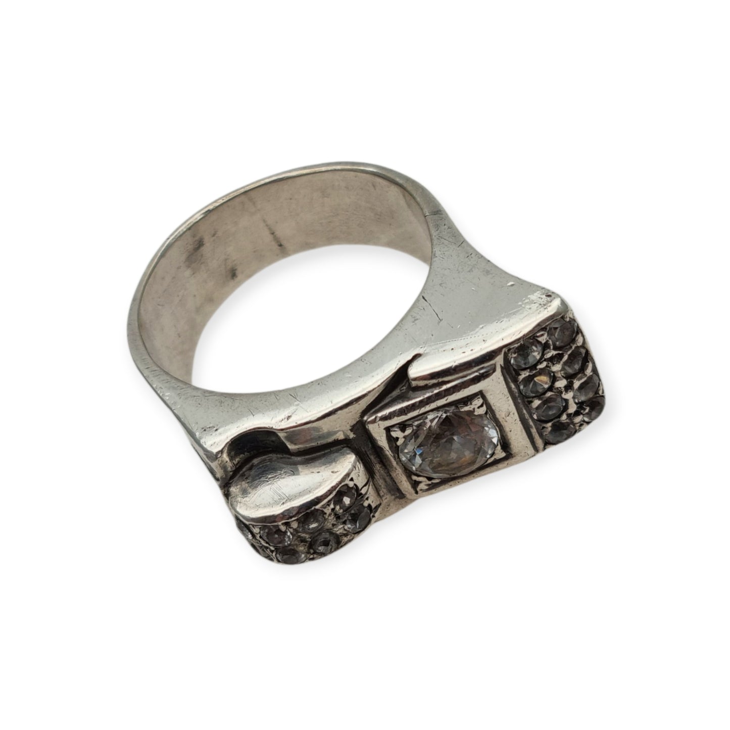 Art Deco silver and white gemstone ring, asymmetrical geometric design, France circa 1940