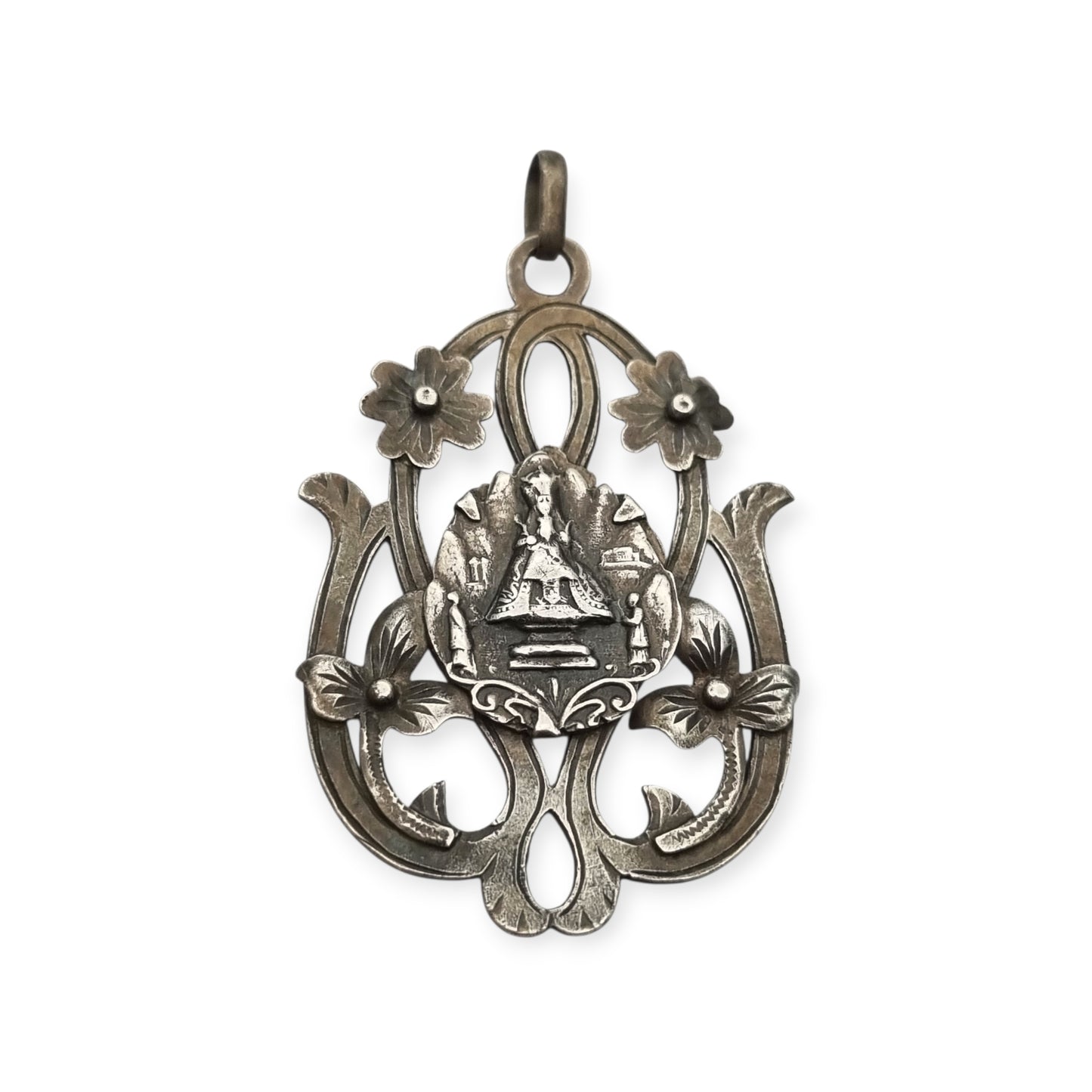 Colgante modernista de plata Nuestra Señora de Montserrat, La Moreneta, joyería religiosa, 1920