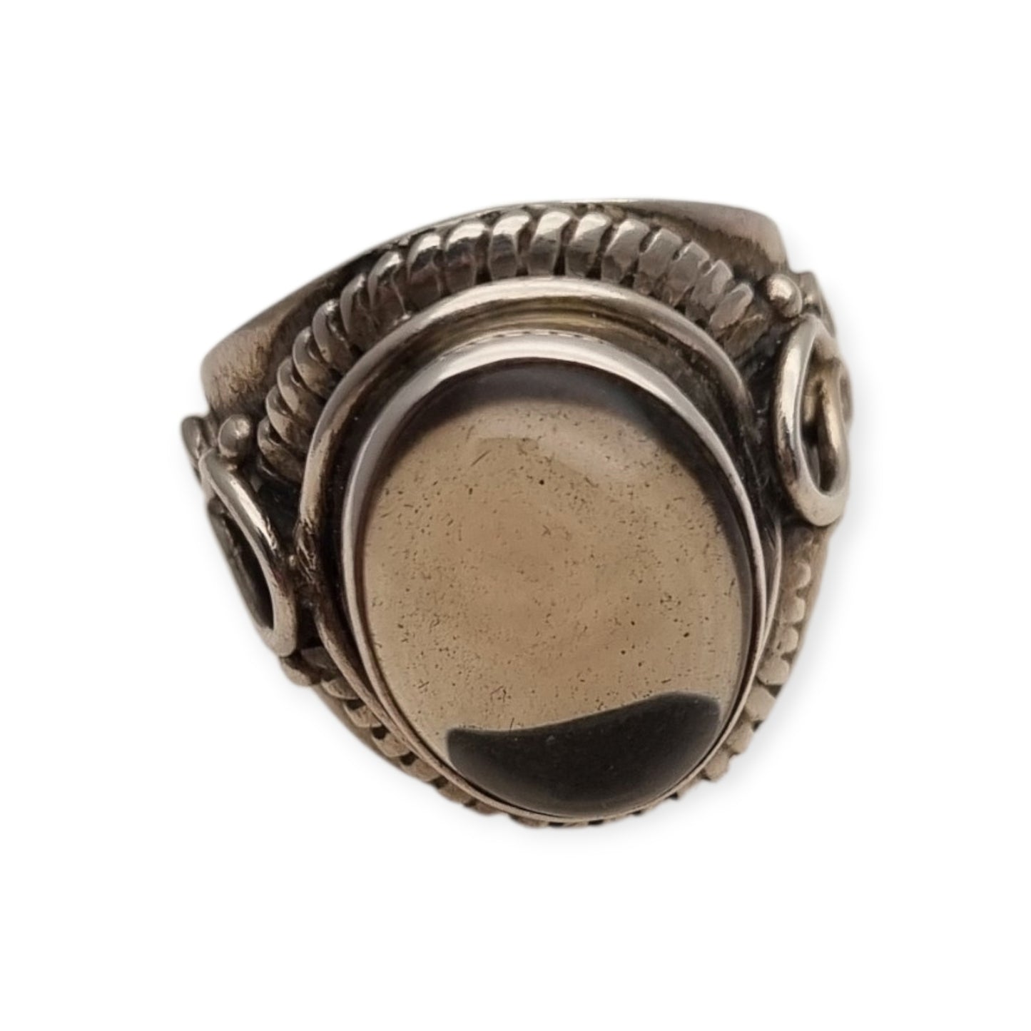 Anillo boho vintage de plata 925 con cabujón ovalado translúcido, circa 1990