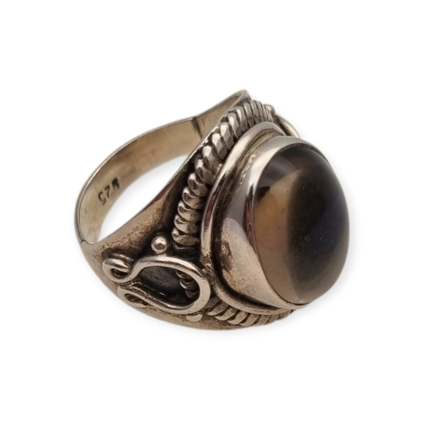 Anillo boho vintage de plata 925 con cabujón ovalado translúcido, circa 1990