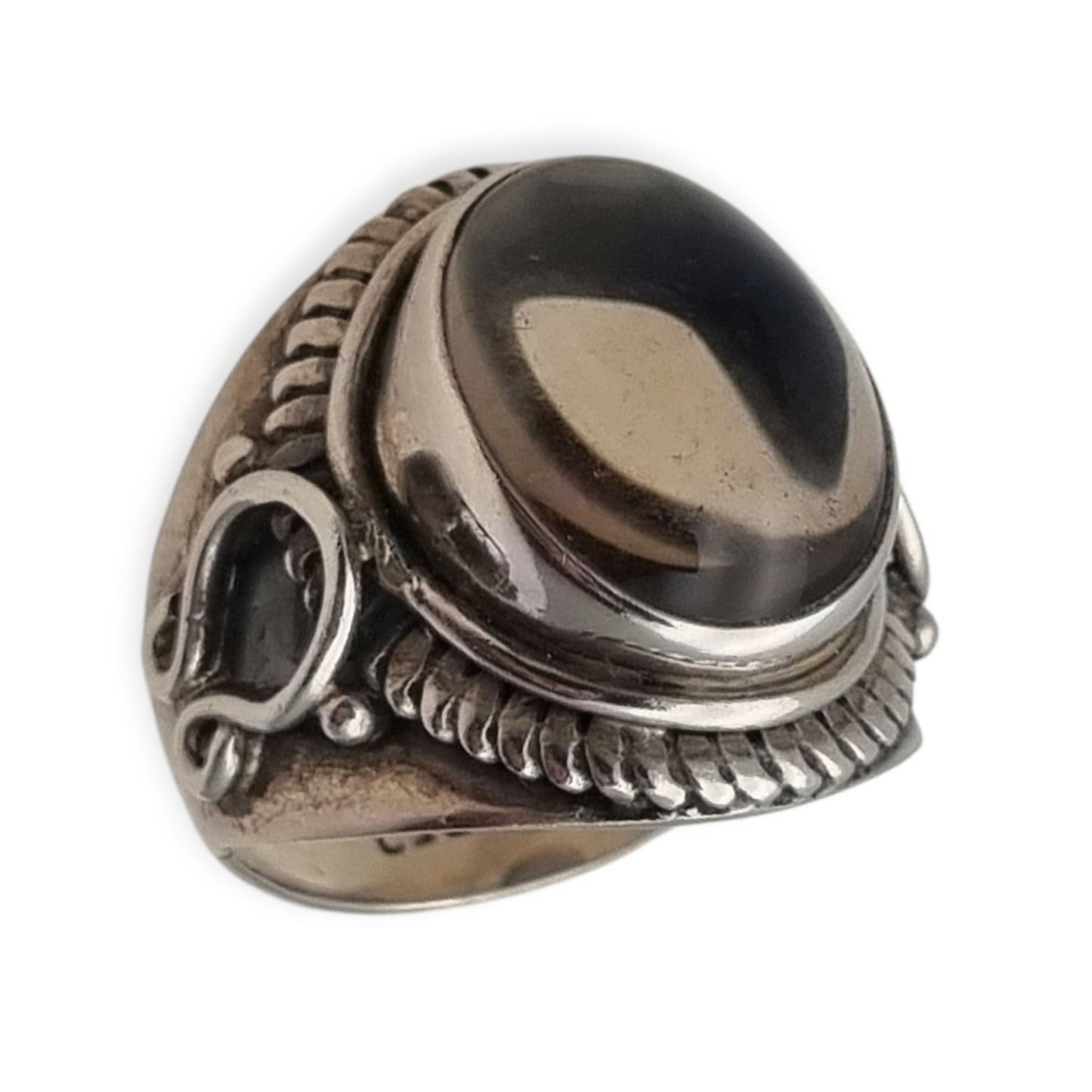 Anillo boho vintage de plata 925 con cabujón ovalado translúcido, circa 1990