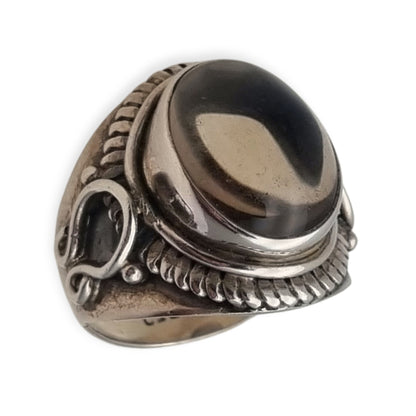 Anillo boho vintage de plata 925 con cabujón ovalado translúcido, circa 1990
