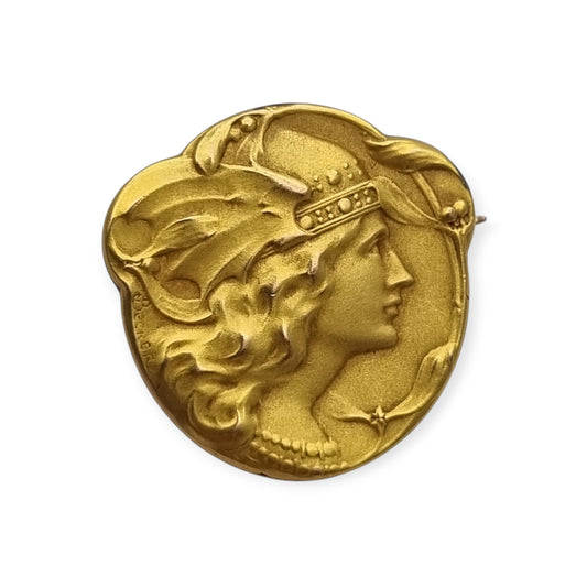 Broche FIX Art Nouveau oro laminado firmado Becker,  Marianne, circa 1900