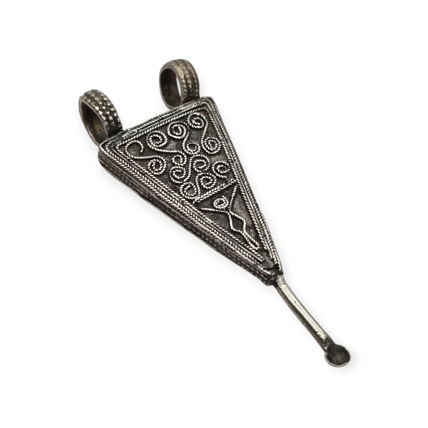 Handmade boho-ethnic silver amulet spoon pendant, Ethiopian ear cleaner.