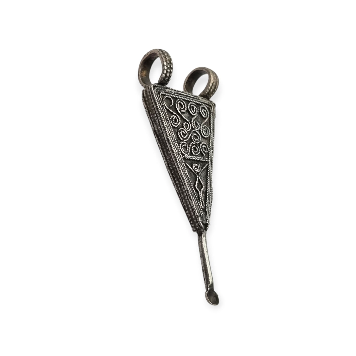 Handmade boho-ethnic silver amulet spoon pendant, Ethiopian ear cleaner.