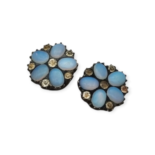 Edwardian silver shirt studs with opalescent glass and rhinestone, circa 1900